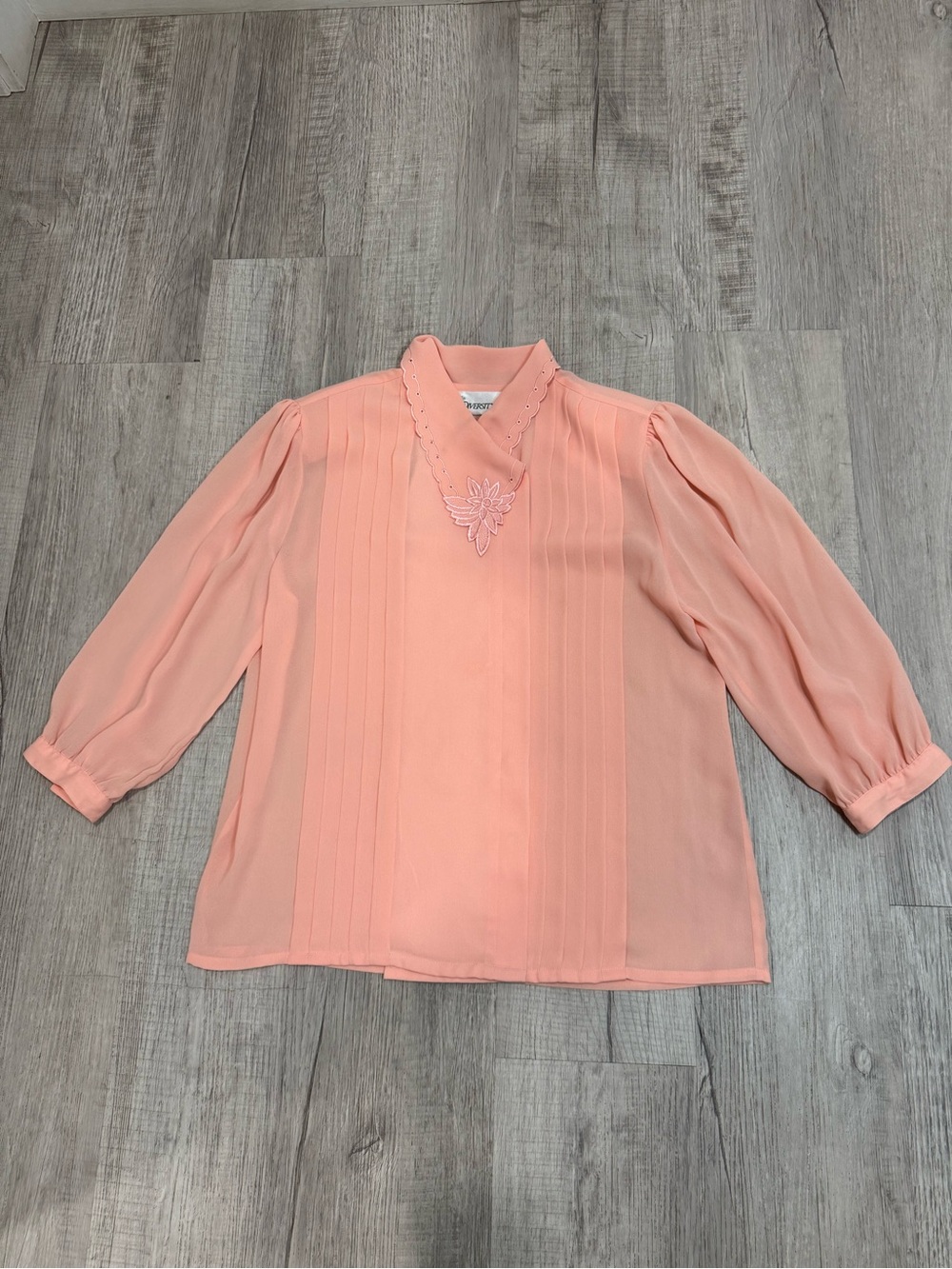 Vtg 80s Diversity Peach Salmon Blouse Pleated Embroidered Collar Sz 12 Korea